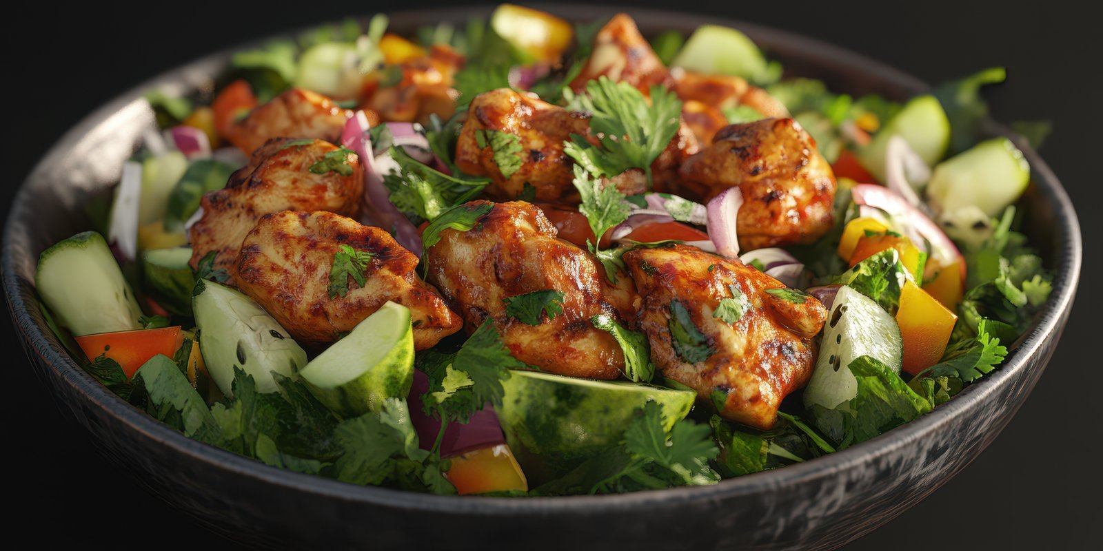 Delicious grilled chicken salad with fresh vegetables and herbs served in a dark bowl